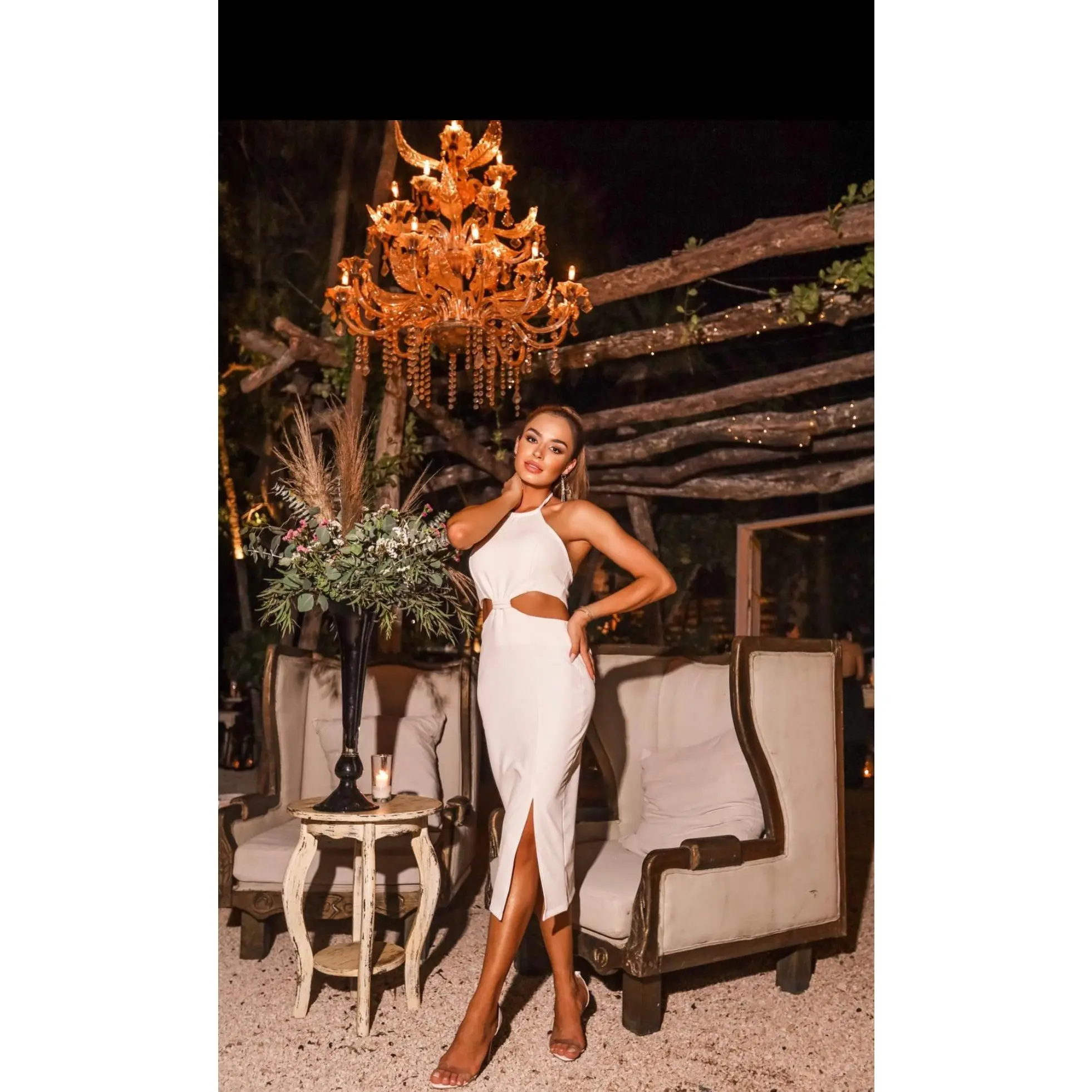 REBEKAH HALTER CUTOUT SIDES STRETCH MIDI DRESS - TikTok Shop