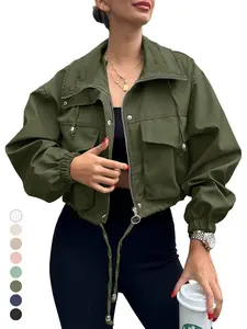 Skoinvb Women's Solid Color Cropped Utility Anorak Jacket - Lightweight Zip-Up Coat with Pockets, Perfect for Casual Outdoor & Daily Looks