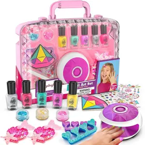 Kids Nail Polish Set for Girls, All-in-One Nail Art Kit with Storage Box Ages 6-8, Non Toxic Peelable Nail Polish, Nail Dryer, Hair Clip, Girl Makeup Case Toys Birthday Gift for 5 6 7 8 9