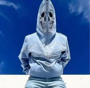 Light Blue Rhinestone Skeleton Hoodie with Unique Design Interactive Wear
