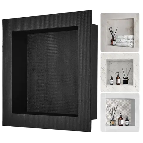 【toolupgrade】VEVOR 16x16" Tile-Ready Shower Niche, Wall-Insert Organizer with Single Shelf, Square Corners, Double-Layer Cement Mortar, Simple Install, No Fuss, Strong Tile Adhesive Grip, Sealed Waterproof Modern Soap Storage for Bathroom, Black, Lightwei