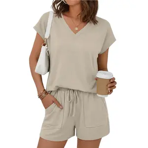 EncoLax Women 2 Piece V Neck Matching Lounge Sets Clothing Spring Cap Sleeve Shirt and Shorts 2026 Summer Airport Outfit