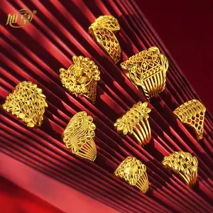 XUHUANG Dubai Luxury Leaves Design Copper Gold Color Ring Women Wedding Bride Arabic Ethiopian Big Nigerian Jewellery Resizable