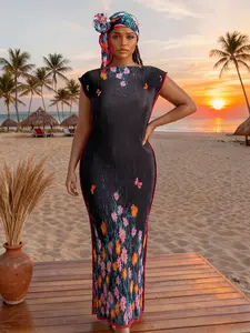 Women's Elegant All-Over Printed Long Dress Set, Slim Fit Moo Moo Robe & Scarf, Beach Sun Protection Shawl for Fall Winter