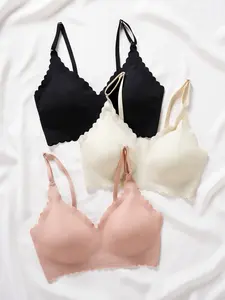 Women's Scallop Trim Adjustable Strap Bra, Soft Comfy Breathable Smooth Solid Seamless Wireless Bra, Push Up Bra, Lingerie for All Seasons, Underwear