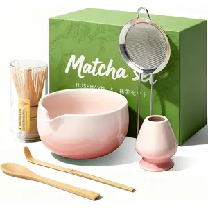 Matcha Whisk Set, Ceramic Matcha Set Includes Bowl & Holder, Bamboo Whisk (Chasen), Scoop, Spoon and Sifter, 6PCS Matcha Kit Covers Everything Needed for Making Matcha (Pink)