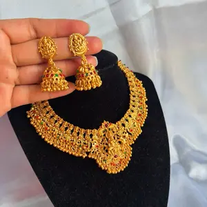 Women's Brass-Tone Temple Jewelry Set - 2-Piece Chic Vibrant Colorful Stylish Set with Geometric Necklace, Red & Green Stone Drop Earrings for Elegant Occasions