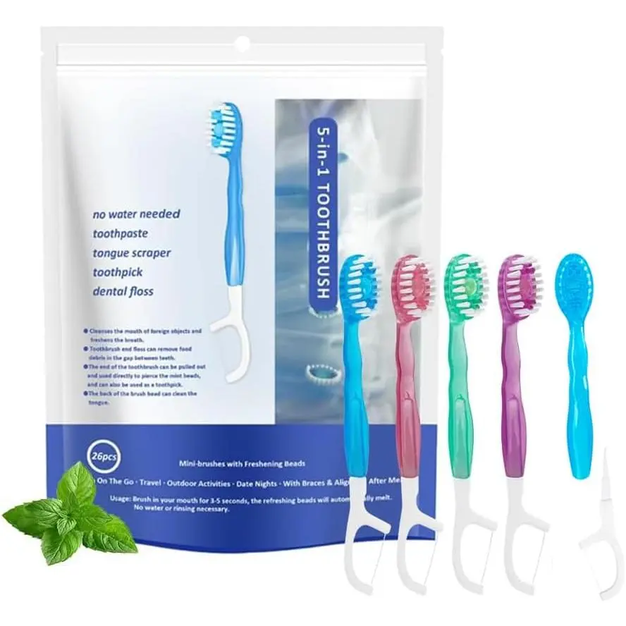 Disposable Individually Wrapped Single Use 26-Pack Mini 5-in-1 Travel Toothbrushes - Flavor-Enabled Oral Health Toothbrushes with Toothpaste, Tongue Scraper, Dental Picks, Floss, Portable Cases (4 Mixed Flavors), Disposable Toothbrushes