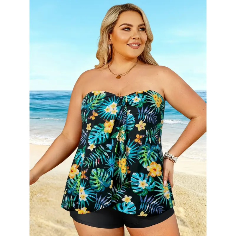 Women's 2026 Plus Size Tropical Leaf & Floral Print Bandeau Tankini Swimwear - Black Base, Flowy Peplum Top, High-Waisted Shorts, Slim Fit, Polyester+Spandex, Multiple Colors, XXL, Breathable, Quick-Dry, Hand Wash Cold, Beach Party Swimwear, Leaf Print, N