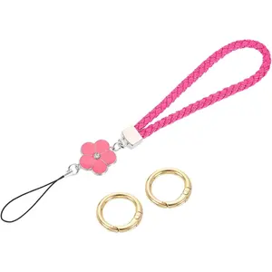 Wristlet Lanyard, 4.7" Leather Keychain Strap with Flower Charm for Clutch Cellphone Keychain Wallet Purse Accessories, Rose Red