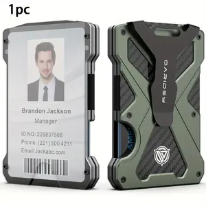 REIDGO Ultra-Slim RFID Blocking Wallet for Men - Army Green Aluminum Money Clip with Clear ID Holder, Carbon Fiber Design, Holds 15 Cards + Cash Clip
