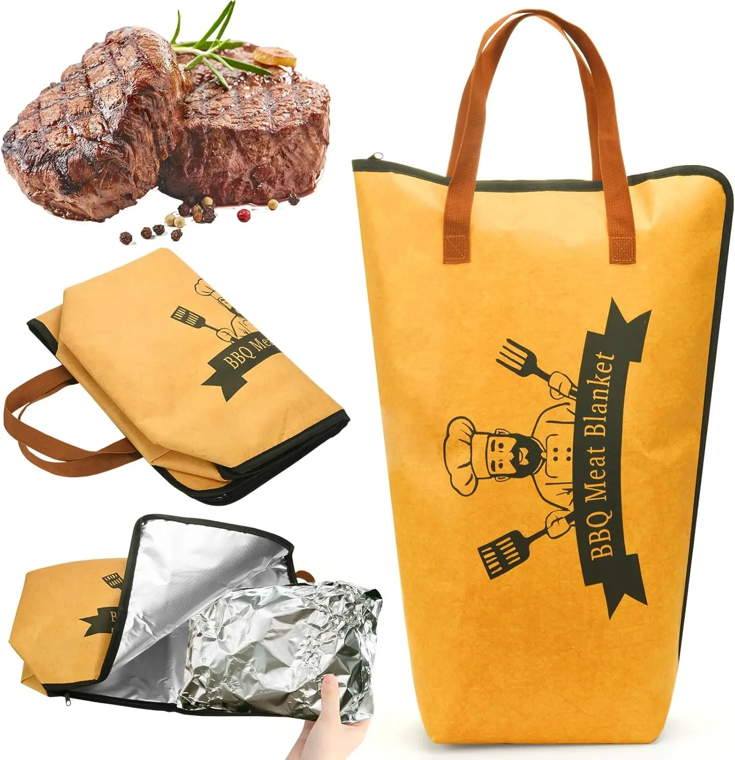 Durable Sturdy Aluminium Insulated Reusable BBQ Meat Resting Bag Set - 21" L x 14.9" W x 6.6" H Brisket & Pork Blanket, 5 Layers, Wide Mouth, Lightweight Collapsible Large Capacity, Handled Barbecue Tool Set, Cooking Gift for Dads