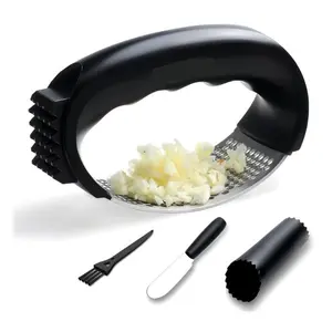 Stainless Steel Garlic Press Rocker Heavy Duty Crusher Mincer Chopper with Peeler Scraper Easy Clean Brush Ergonomic Kitchen Gadget for Fast Garlic Crushing