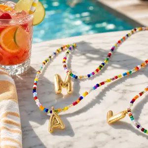 Preppy Vibe: Bubble Initial Colorful Beaded Necklace | Dopamine Summer Beach Choker | Cute Handmade Boho Jewelry Gift for Her