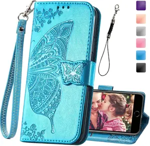 Wallet Case for  SE 2020/SE 2022/ 8/ 7,Women Butterfly Embossed PU Leather Stand Card Holder Slots Wrist Strap Flip Cover for  6/6S/7/8/SE 2nd/SE 3rd Gen (Blue)