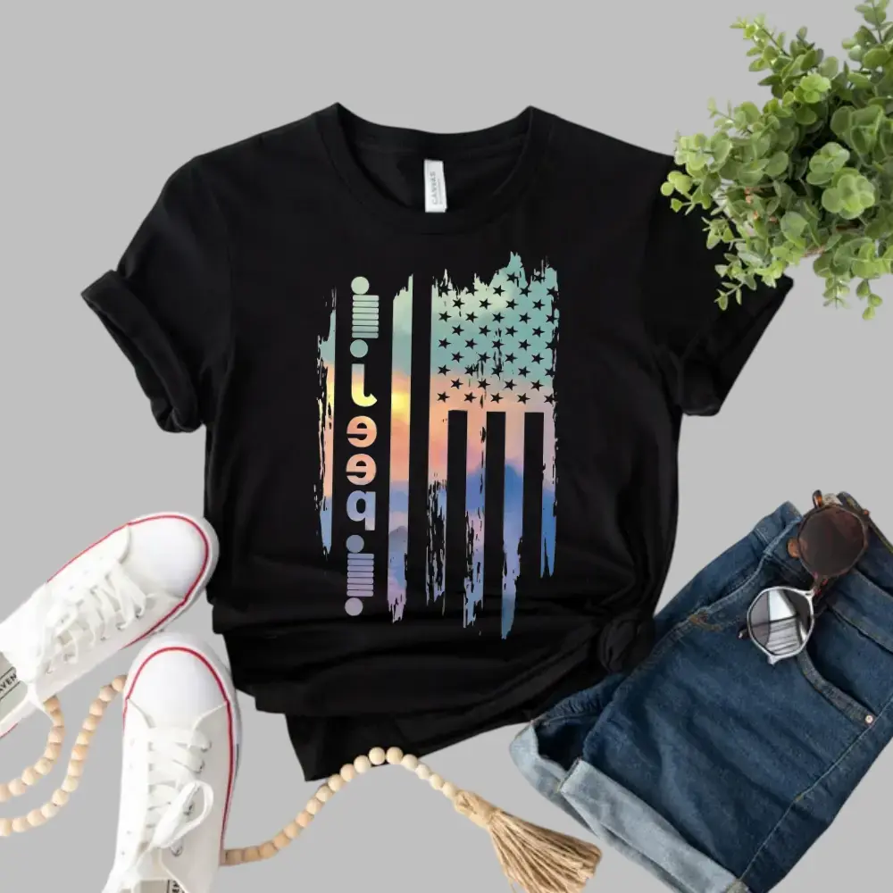 Retro Jeep American Flag T-Shirt Vintage Off-Road Truck Graphic Pullover Rugged Outdoor Crewneck for Men Y2K Vibe Comfortable Soft Cotton Unisex Tee - Casual, Menswear