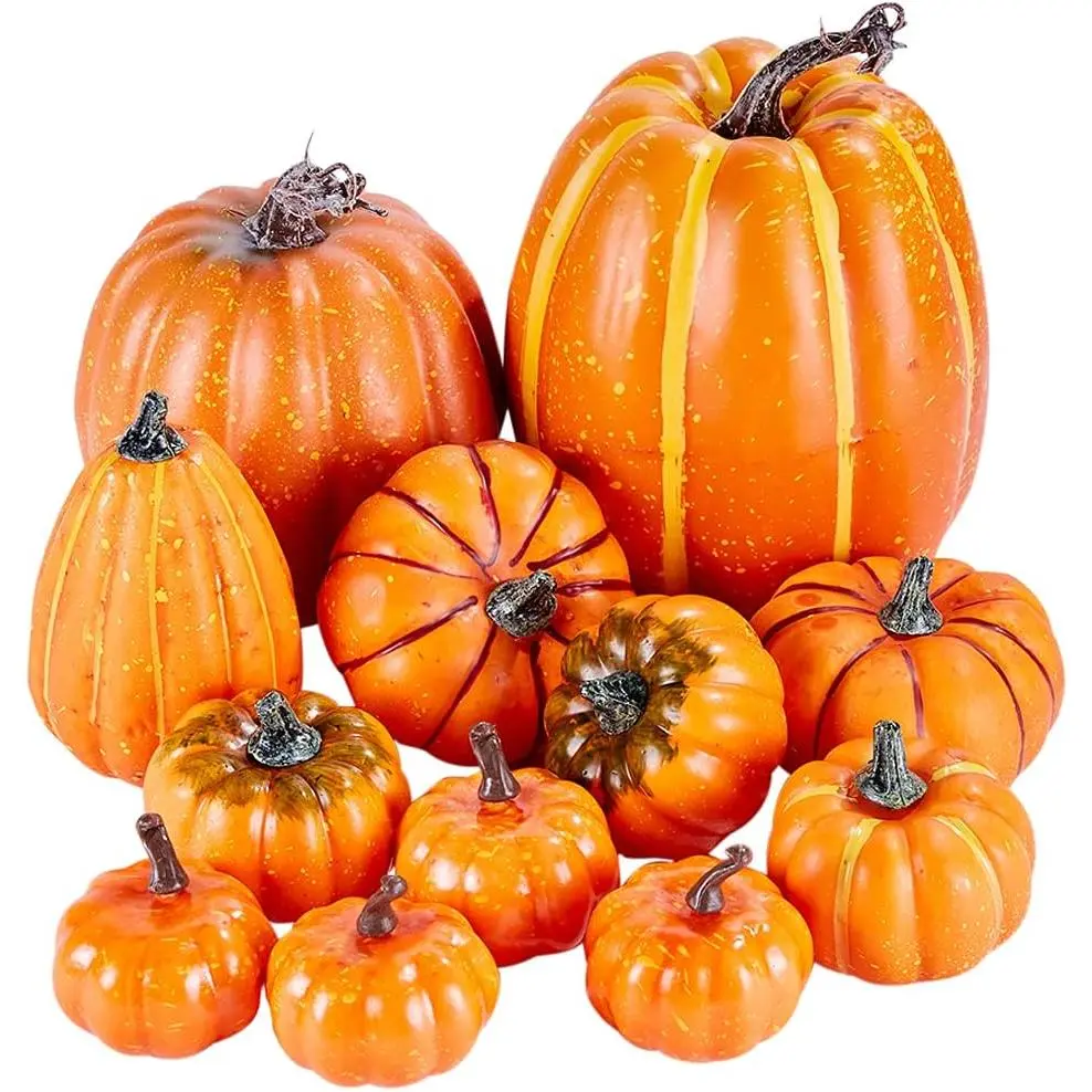 Package of 12 Pcs Assorted Sizes Artificial Fake Orange Pumpkins Large Faux Harvest Pumpkins for Fall Thanksgiving Halloween Seasonal Holiday Decor Decoration Ornaments