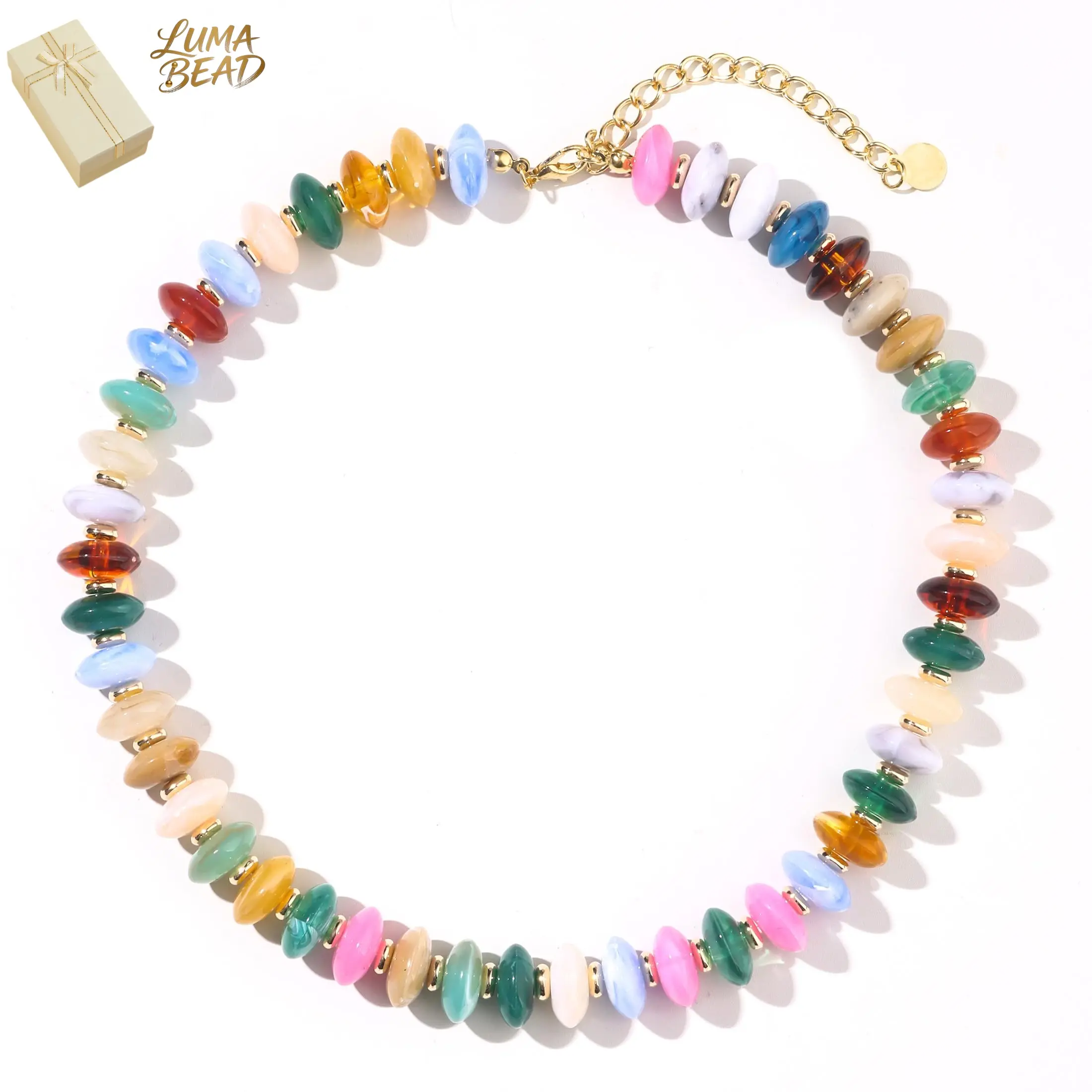 Women's Colorful Resin Beaded Choker - Adjustable Tie, Boho, Artistic Statement Beaded Necklace for Summer Vacation, Beaded Necklaces, Boho Necklaces