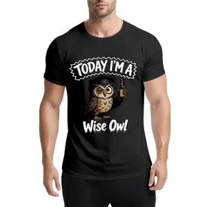Funny Owl Meme T-Shirt Quirky Animal Art for Men Black Cotton Graphic Tee 180g Soft Comfortable Crew Neck Short Sleeve Single-sided Printing Today I'm a Wise Owl Design men's t shirts