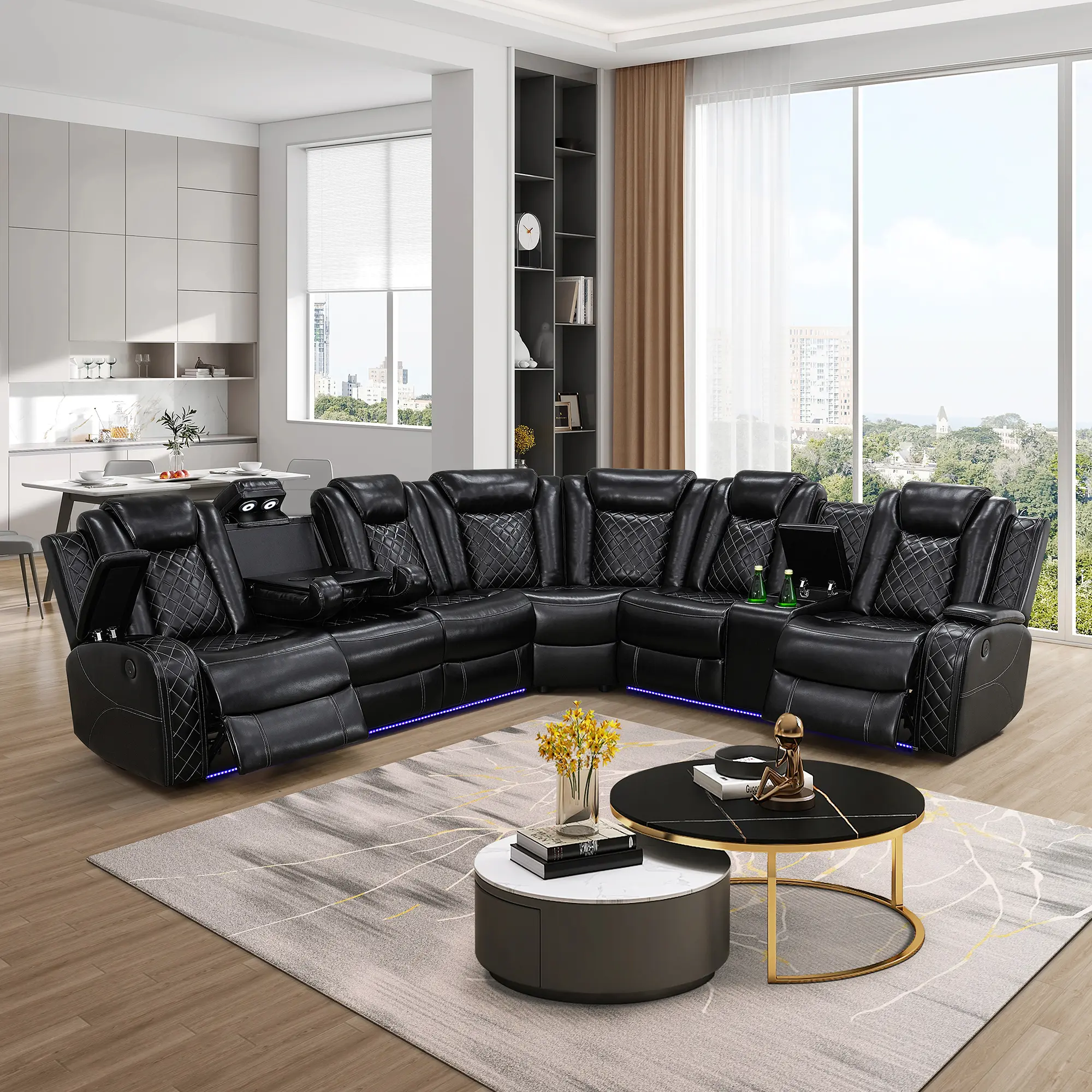 Black Luxury Breathable Leather 3-Piece Recliner Sofa with LED Lights Gaming Console Couch Adjustable Backrest Storage Bucket Wireless Charger & Reversible Coffee Table