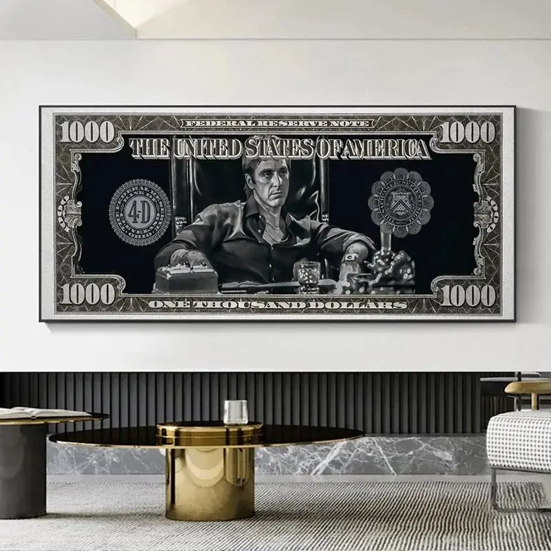 Classic Movie, Scarface Tony Montana Dollar Wall Art, Art Wall Decoration, Art Work For Wall Decor, HD Canvas Classic Prints Poster, Home, Living Room, Vintage Decor, Artistic Room Decor Painting, Unframed