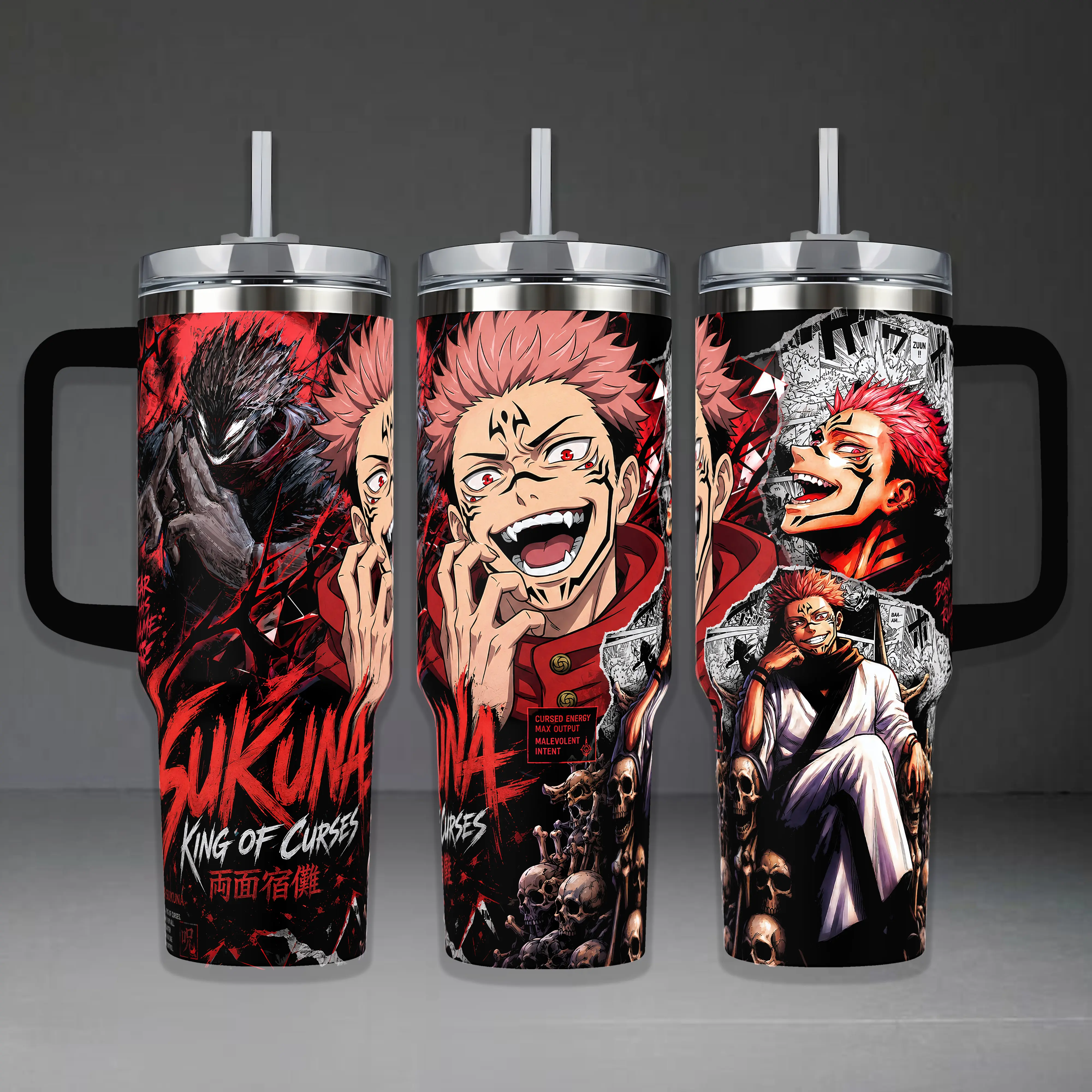 Jujutsu Kaisen Sukuna King of Curses Tumbler - 40oz Handle Tumbler, 20oz Silicone-Lidded Portable Reusable Travel Mug with Printed Graphics, Anime Fan Gift, Insulated Stainless Steel Drinkware