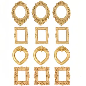 12PCS Vintage Mini Picture Frames Baroque Antique Small Resin Jewelry Display Table Frame for Christmas DIY Photo Holiday Party Decoration Gold 4 Styles Square Rectangle Round Oval Heart 3D Floral Carving Edges