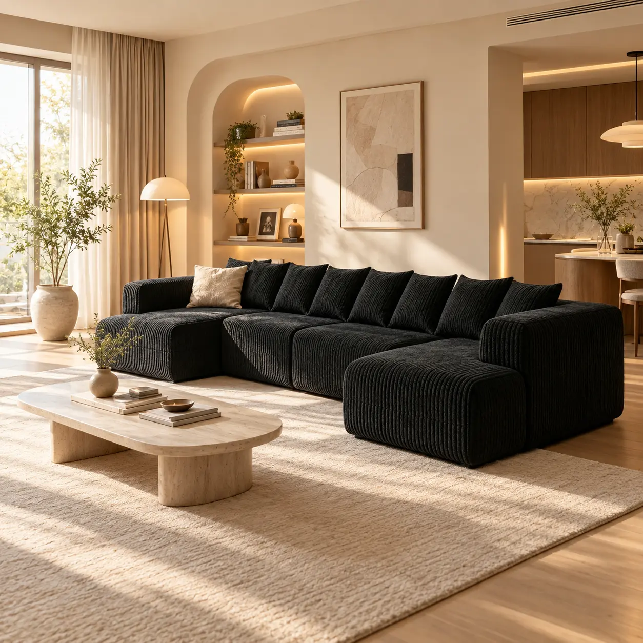 146" Modular L/U-Shaped Cloud Soft Sectional Sofa, 4-8 Seats Modern Polyester Deep-Seat Upholstered Sofa with Instant Set & Temporary Bed, Indoor Living Room Furniture