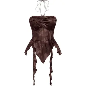 Women's Paisley Print Ruffle Asymmetrical Hem Halter Top Ruched Tie Backless Crop Tops