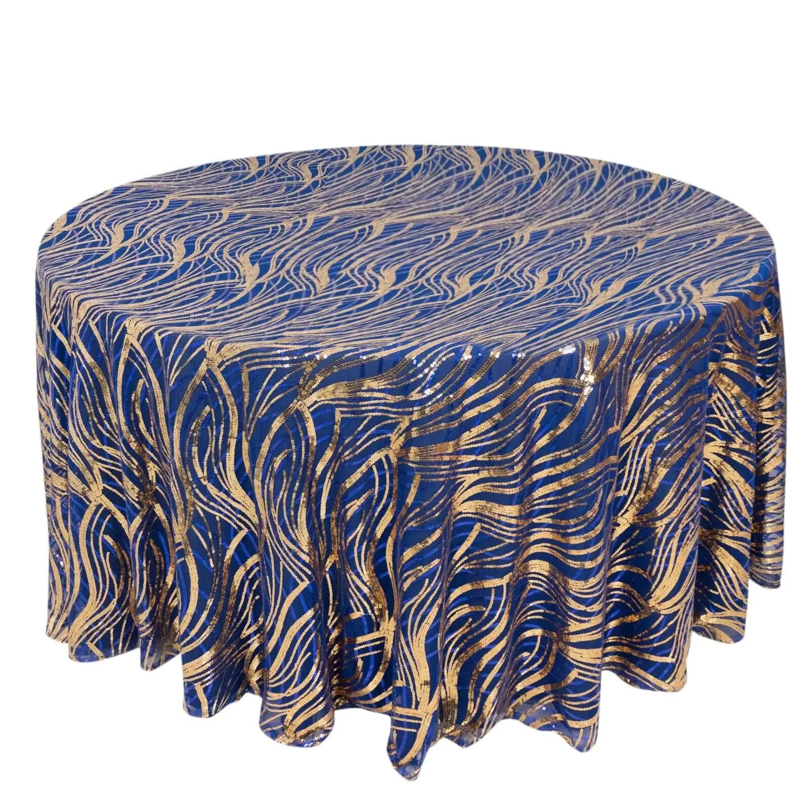 120" Round Sequin Mesh Tablecloth - Royal Blue-Gold, Seamless Wave Embroidered Glam Kitchen Linen for Events, Parties, Wedding Dress Occasions, Restaurant Decor Needs