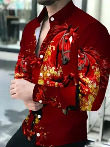 Men's Red Horse Gold Floral Print Breathable Lapel Long Sleeve Open Front Casual Graphic Shirt