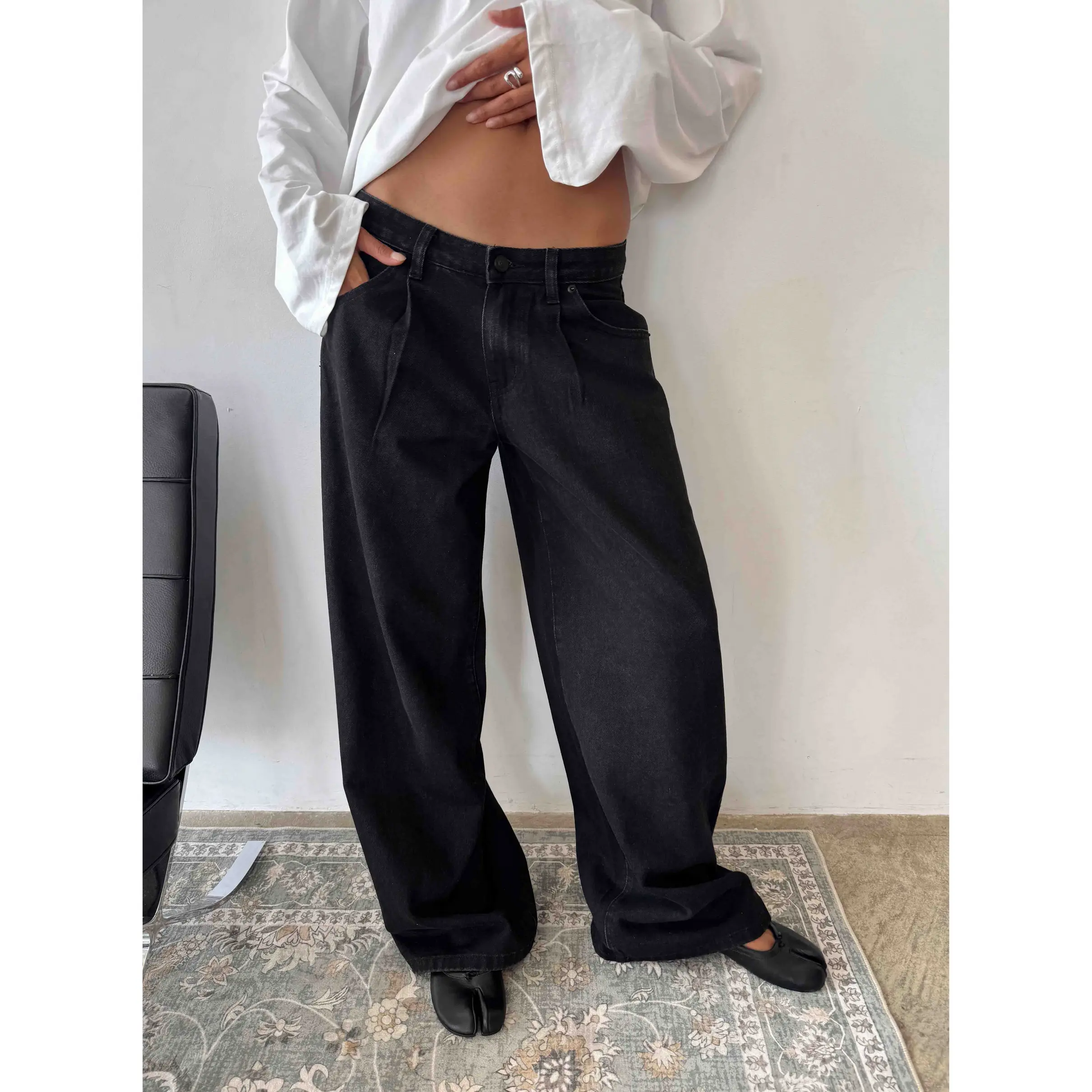Supercut Low Rise Baggy Pleat Jeans Washed Black