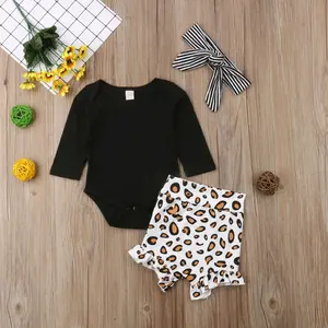 Toddler Infant Baby Girls Outfits Set Baby Long Sleeve Rompe Tops Leopard Print Shorts Headband 3pcs Clothes Set