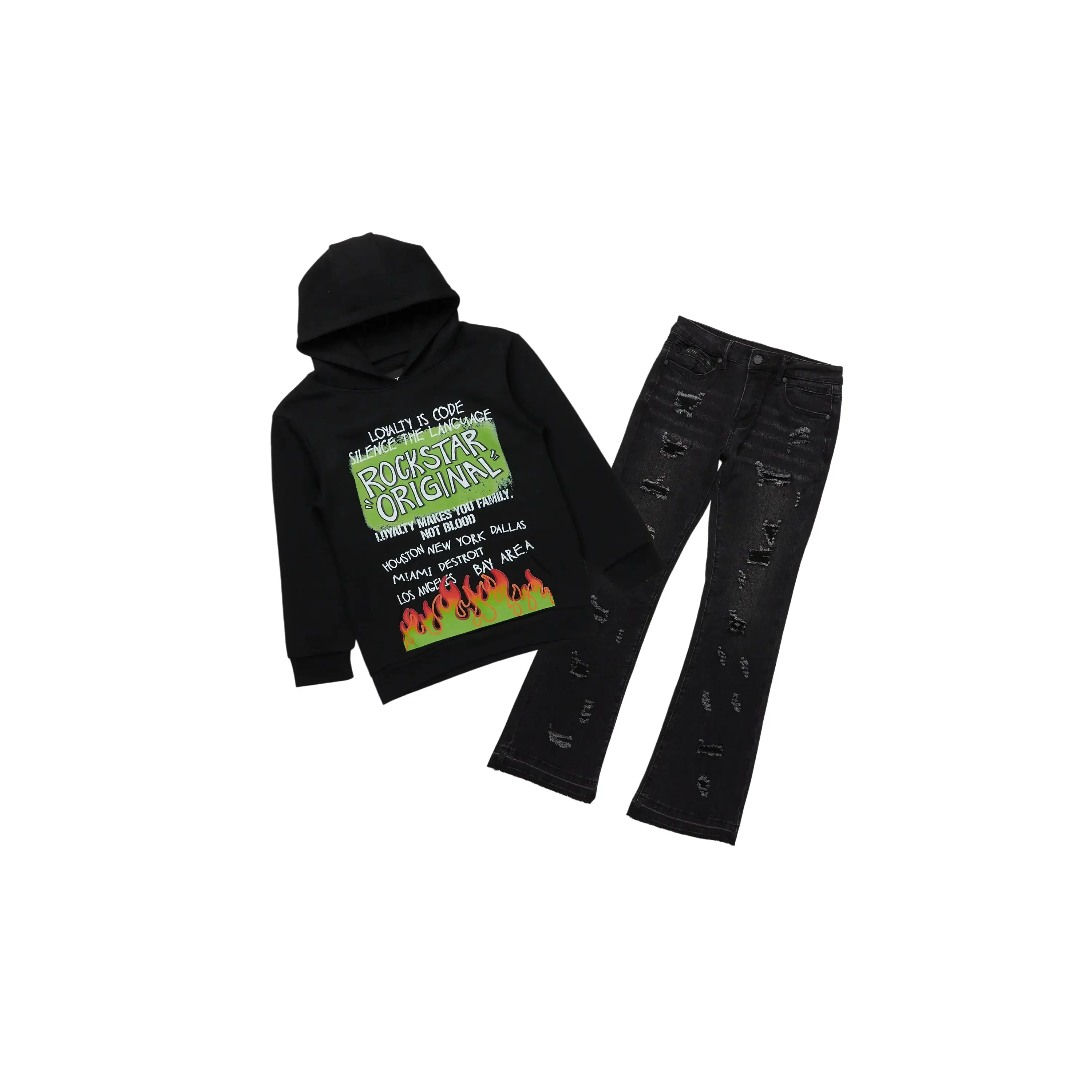 Boys Beno Black Hoodie/Stacked Flare Jean Set
