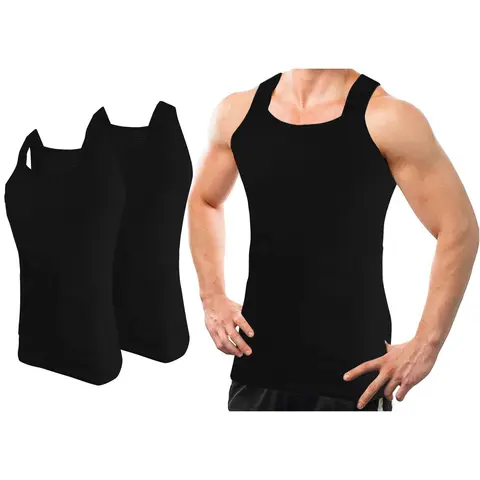 Men’s Square Cut Athletic Tank Tops, Ribbed Breathable Cotton Stretch Fabric, 2-Pack with Straps, Casual Undershirts