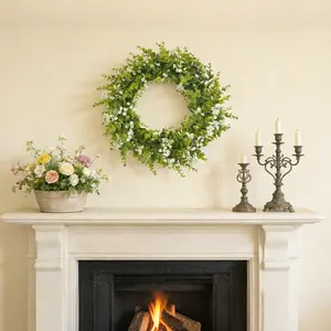 Artificial green plant garland decoration with white baby's breath and eucalyptus for home living room, wall, door, and wall hanging decoration