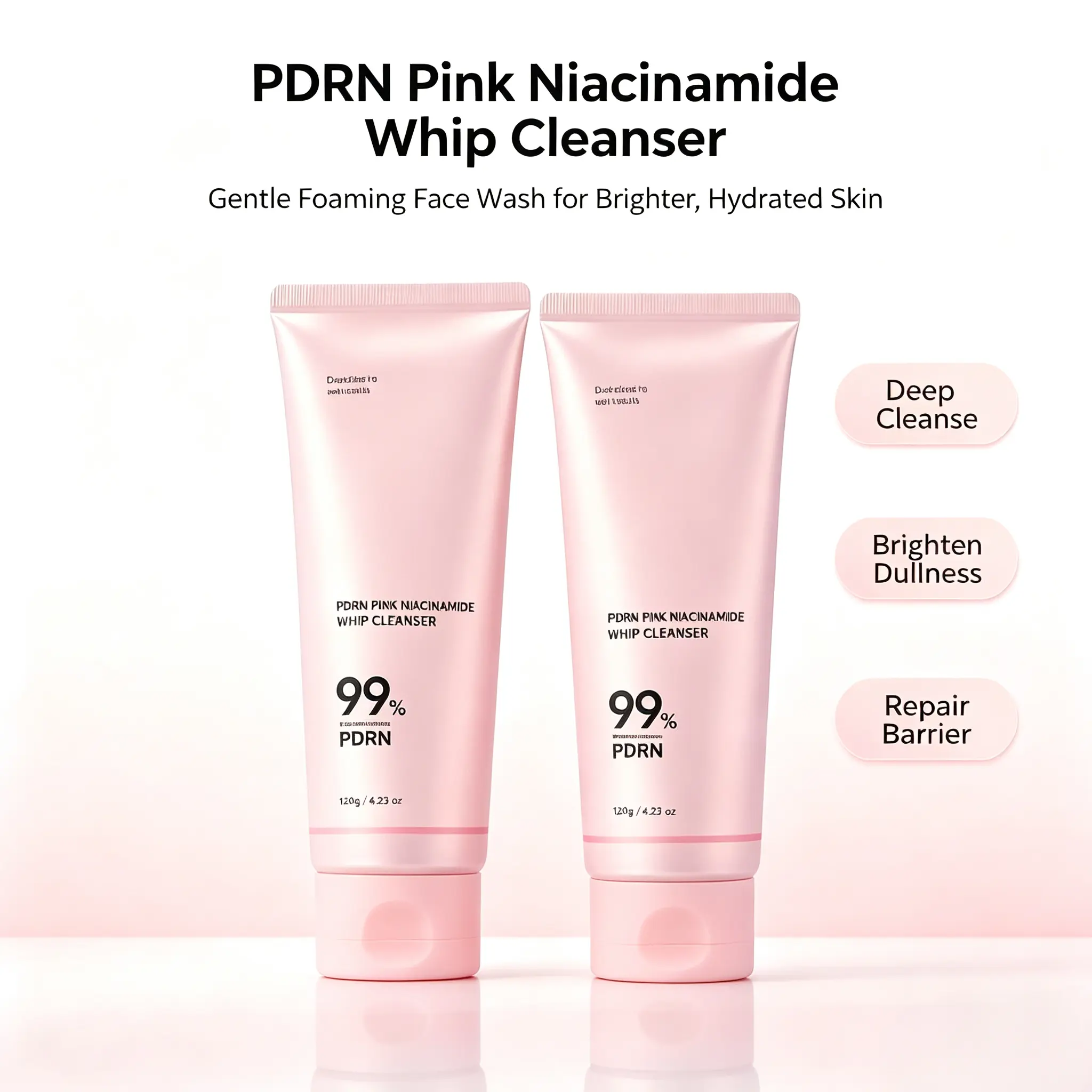 Pink Niacinamide Whip Cleanser, Hydrating Foaming Face Wash, Brighten Dull Uneven Skin Tone, Gentle Deep Pore Cleansing, Repair Skin Barrier, Sensitive Skin Friendly, 120g
