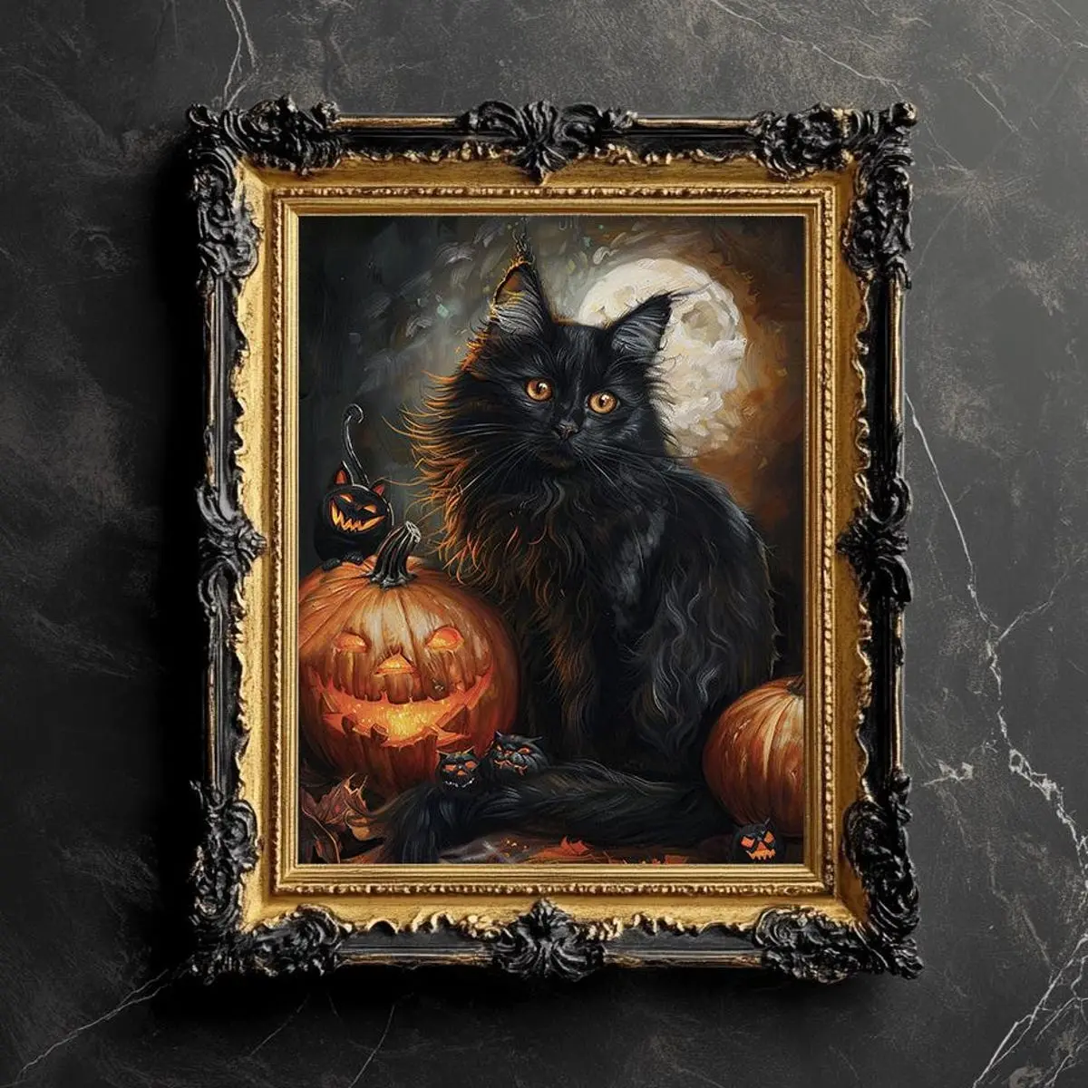 Black Cat with Jack-o’-Lanterns | Halloween Wall Art, Black Cat, Dark Academia Aesthetic, Autumn Art Print, Gothic Wall Art, Unframed