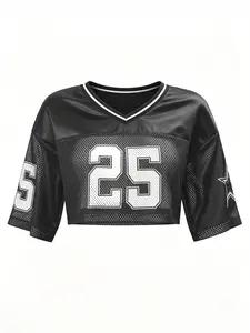 Women's Casual Minimalist Short Sleeve Top, Loose Fit Mesh T-Shirt, Street Style Y2K Sports Jersey, Ideal for Sports and Back-To-School Season