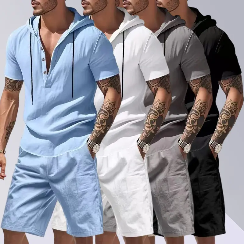 Men's 2-Piece Athleisure Sportswear Set, Solid Linen Hooded Henley and Loose Fit Shorts, Lightweight and Breathable for Summer, Lightweight Athletic Outfits