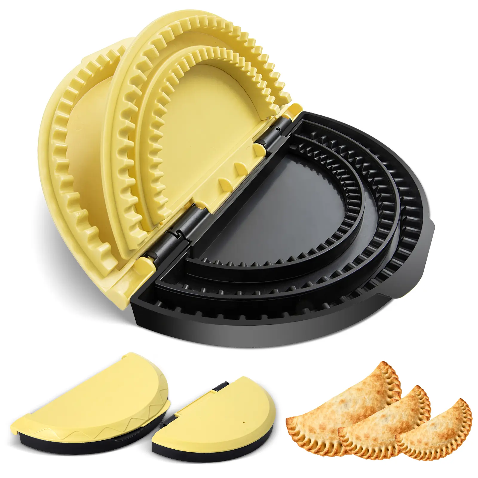 3-in-1 Handheld Tortilla Press & Sealer, Quesadilla Maker, Empanada Press, Dumpling & Pie Crimper for 6/8/10 Inch Tortillas & Wraps, Easy Seal Burritos, Samosas, Hand Pies, Non-Stick Kitchen Gadget (Black/Yellow), Dumpling Maker Machine