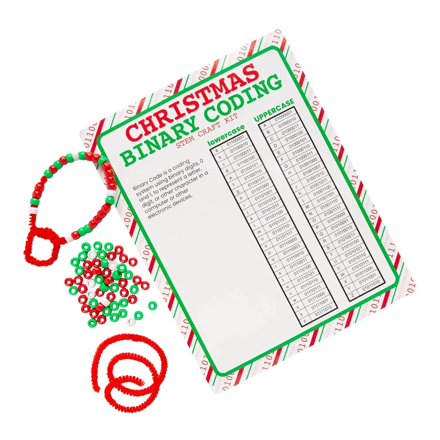 STEM Christmas Ornament Coding Activity Craft Kit - Unisex Creative Craft-Making Art Toy, Home Decor, Plastic Holiday Learning Challenge Kit (Makes 12, Includes Beads, Chenille Stems, Reference Sheet, Everything Included)