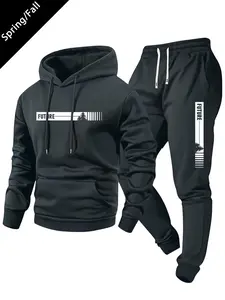 Trendy men's lightweight regular-fit hoodie and jogger set with personalized number and letter print patterns, stylish casual wear featuring pockets and an elastic waistband, suitable for spring/autumn wear and a great gift for husbands or boyfriends, per