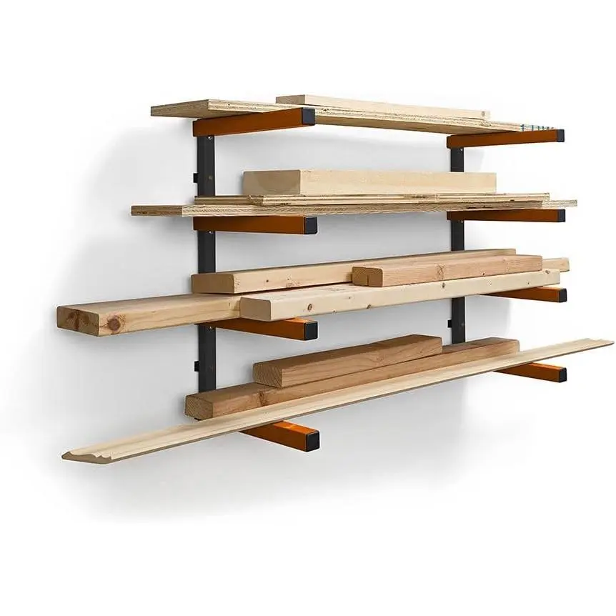 4-Level Lumber Rack - Wood Storage Rack and Garage Wall Storage Rack for Indoor/Outdoor Use - Material Rack Wall Mount Storage System and Lumber Storage Rack - PBR-0410, Orange/Gray