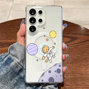 Astronaut Cat Space Planet Adventure Art Transparent Shockproof Case Magnetic Ring Wireless Charging for Samsung Galaxy S26 S25 S24 S23 S22 S21 S20 Fe Plus Ultra Edge S10E A57 A56 A55 A54 A37 A36 A35 A34 A26 A25 A24 A23 A17 A16 A15 A14 A07 A06 A05s Note20