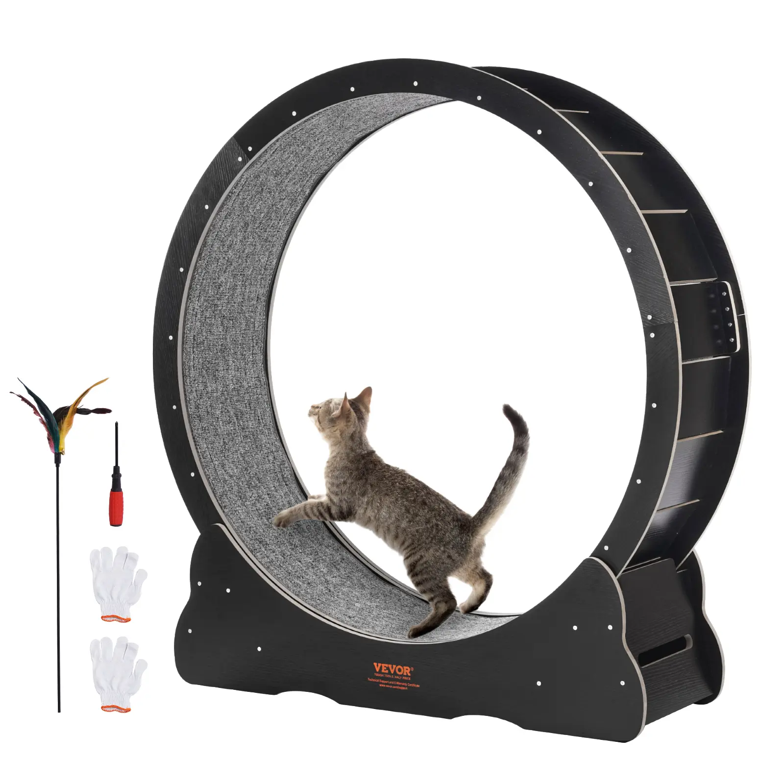 【summerfinds】VEVOR Wooden Cat Exercise Wheel, 43.3" Large Cat Treadmill Wheel for Indoor Cats, Cat Running Wheel with Detachable Carpet & Cat Teaser for Running/Walking/Training, Suitable for Most Cats Black