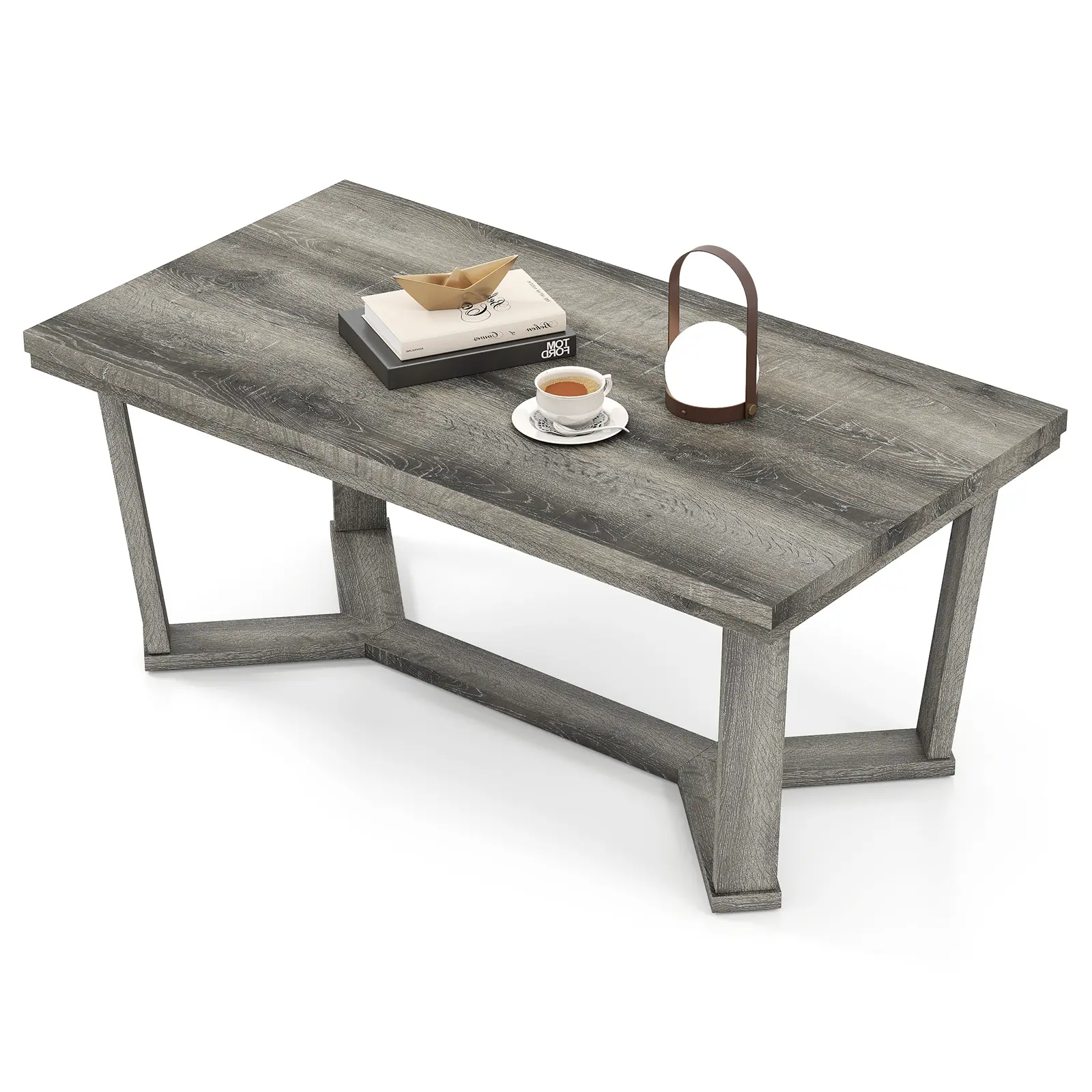 COSTWAY - Rectangle Coffee Table Rubber Wood Base with Cross-Shaped Base-Gray