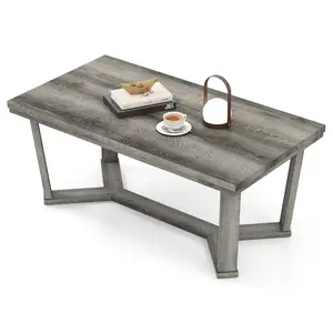 COSTWAY - Rectangle Coffee Table Rubber Wood Base with Cross-Shaped Base-Gray