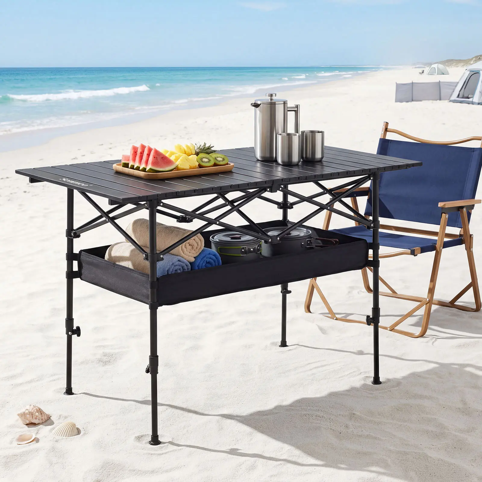 Senmeo Portable Adjustable Camping Table, Folding Roll-Up Picnic Table with Carry Bag & Detachable Storage Pockets, Lightweight Outdoor Table for Camping, Beach, Backyard, Party, BBQ, Patio