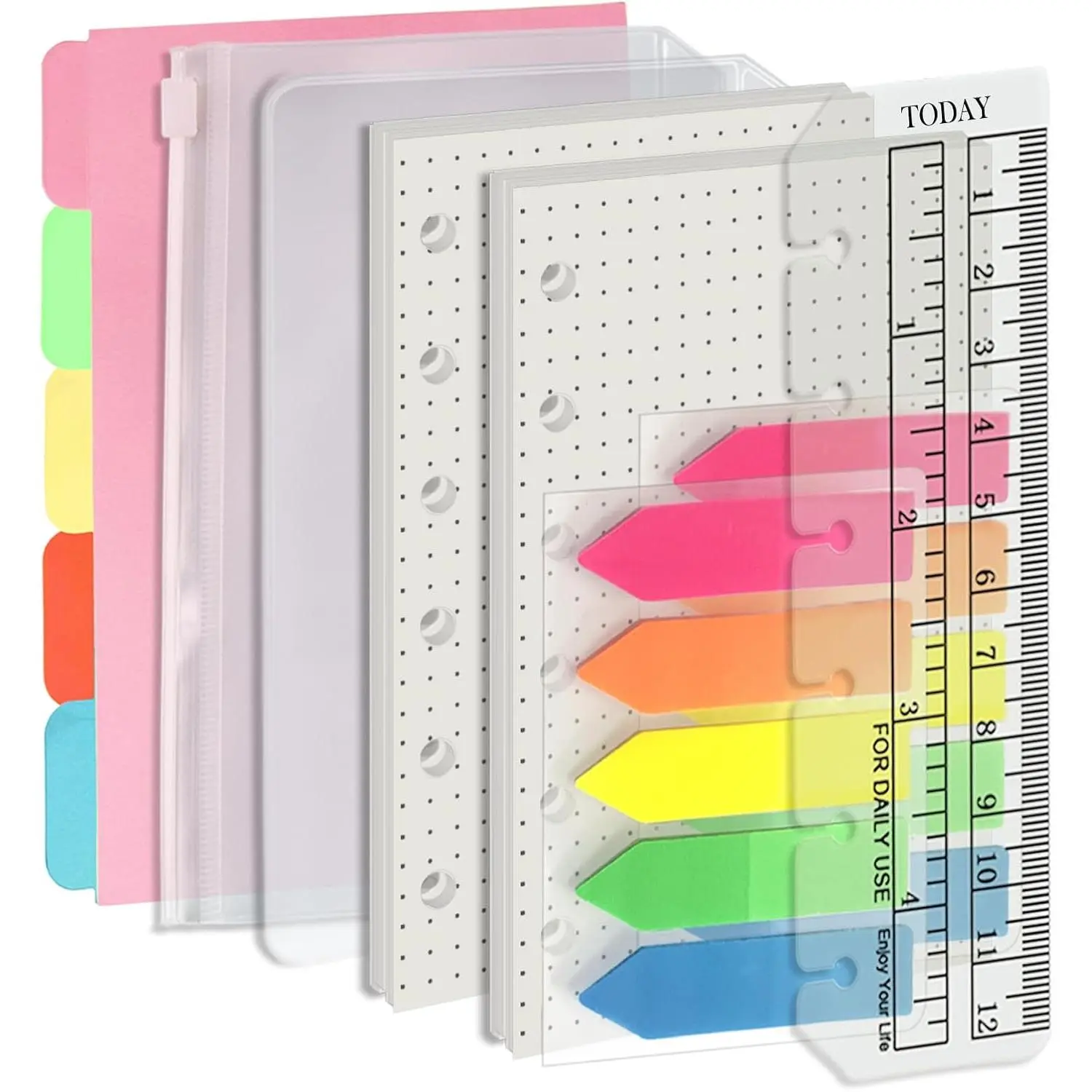 A7 6 Holes Binder Refill Value Set, 90sheets dotted loose leaf paper with stickers and dividers, planner inserts with binder pockets for A7 binder 6 holes refillable notebook,005dA7dot